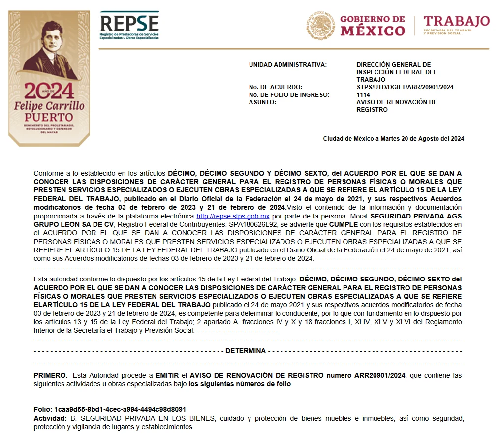 Aviso de renovación de registro REPSE de la Secretaría del Trabajo para Seguridad Privada AGS Grupo León