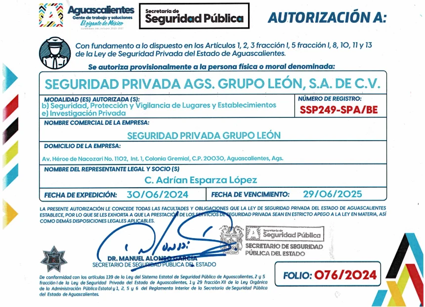 Autorización de la Secretaría de Seguridad Pública de Aguascalientes a Seguridad Privada AGS Grupo León
